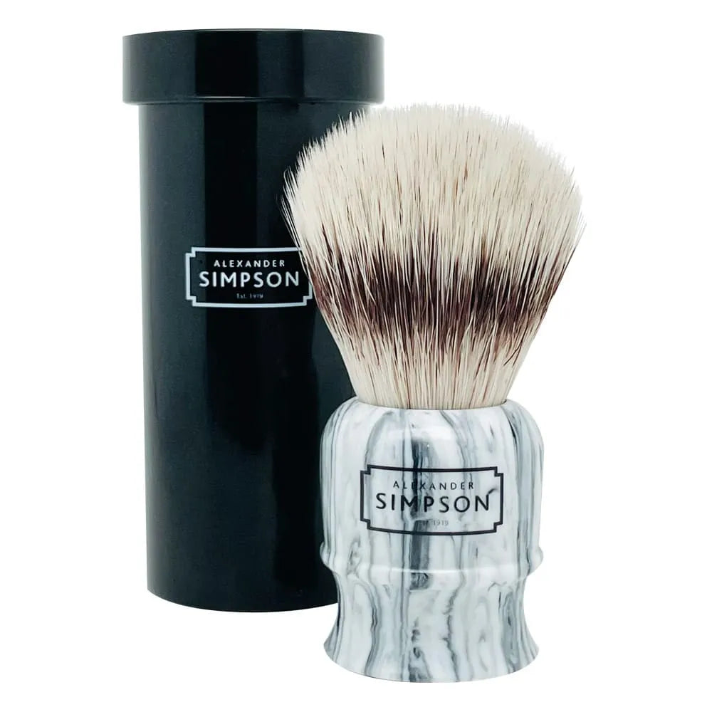 Simpson-Rasierpinsel-shaving-brush-synthetic-travel-tube-Highbury-UK