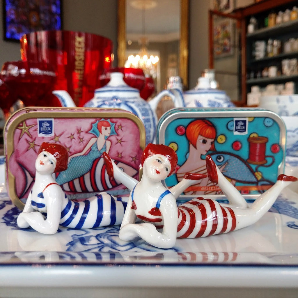 Lot De 2 Figurines Décoratives ReWu Becky Badenixe - Bleu Et Blanc - Sirènes Pour étagère - 13x8x8 Cm - Résine